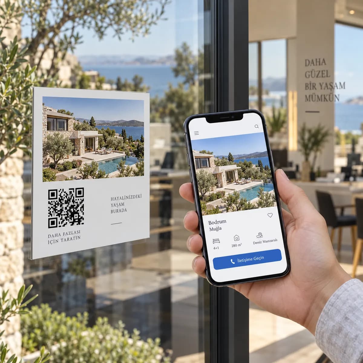Emlak ofisinin vitrinindeki QR kodundan telefonunda villa ilanını açan ziyaretçi