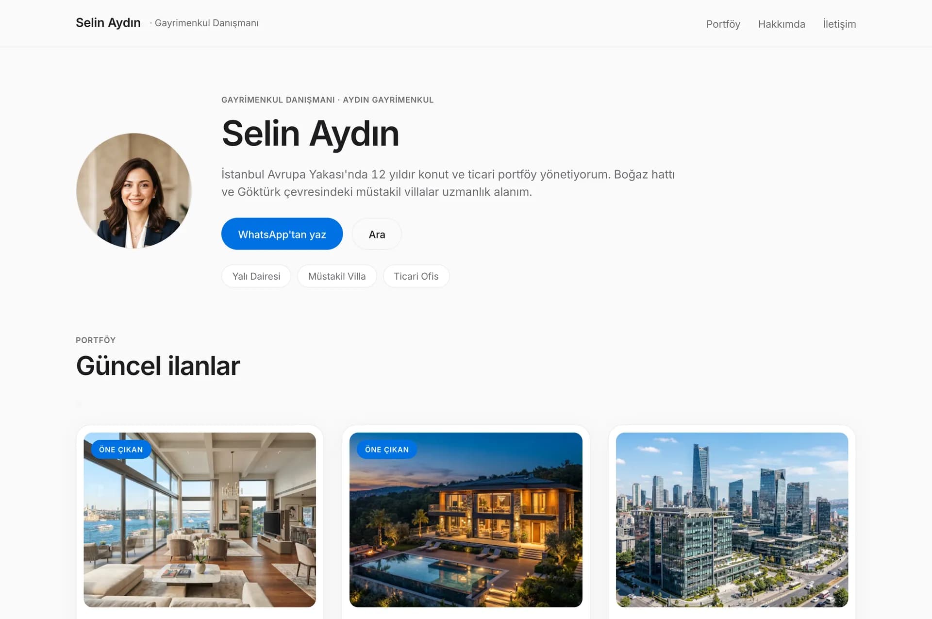 Minimal şablonuyla yayınlanmış örnek portföy sitesi