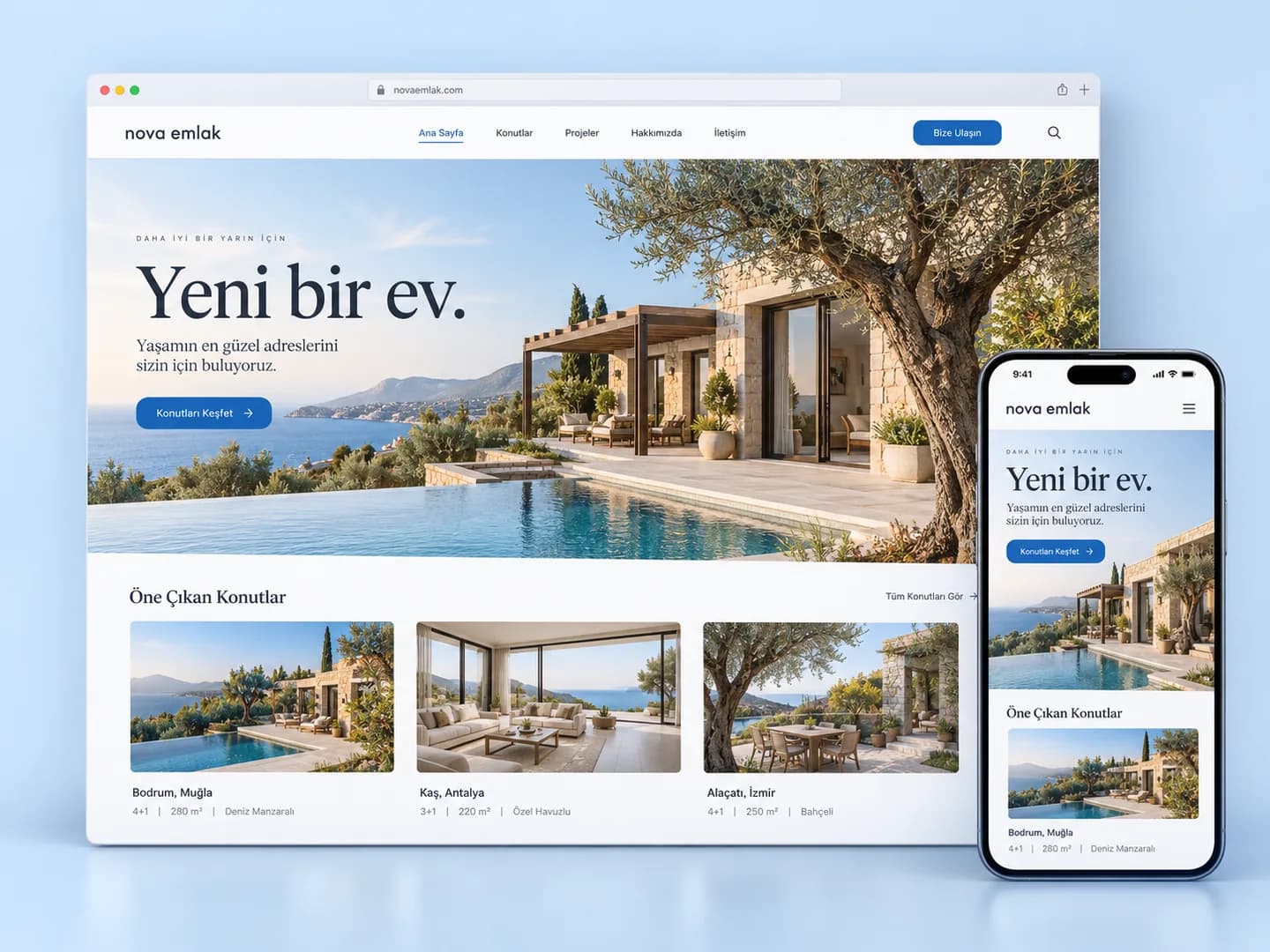 Nova Emlak için villa ilanlarını gösteren masaüstü ve mobil site tasarımı